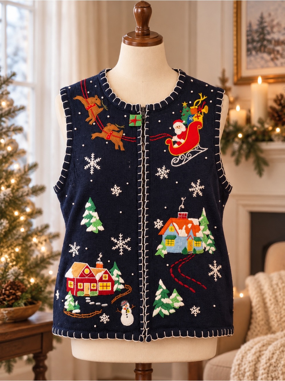 Vintage Y2K White Stag Christmas Sweater Vest 16W Santa Reindeer Holiday Knit
